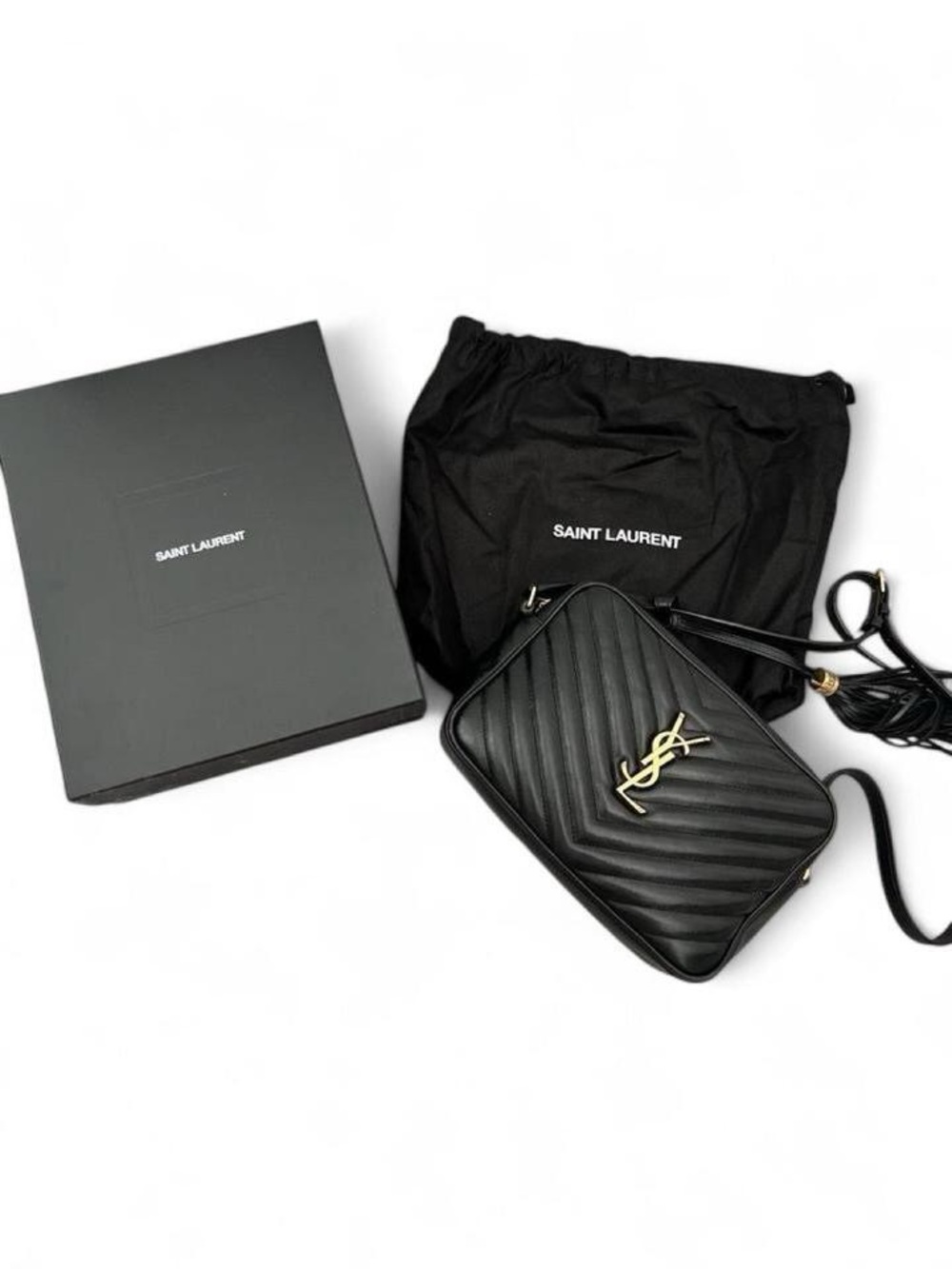Saint Laurent Black Quilted Leather  Chevron Crossbody Bag with Gold YSL Logo